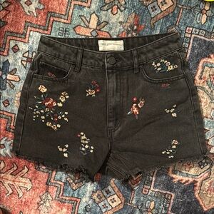 Black Distressed Jean Shorts with Floral Embroidery